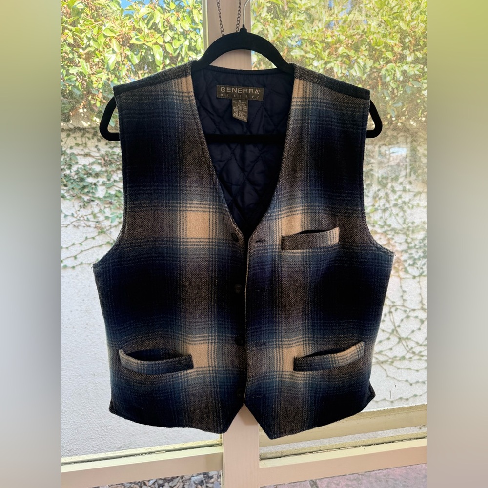 Vintage 90s Generra Reserve Wool Blend Blue & White Plaid Gorpcore Grunge Vest - Picture 1 of 12